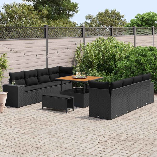 vidaXL Garden Sofa Set with Cushion 11 pcs Black Poly Rattan