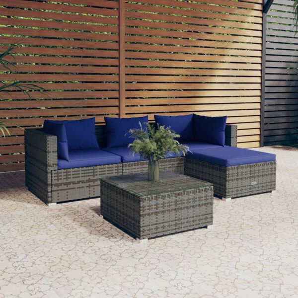 vidaXL Garden Lounge Set Grey PE rattan, powder-coated steel, plastic, glass