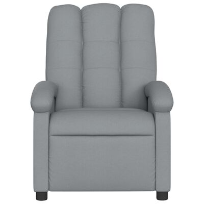 Front view of a single grey upholstered reclining chair.
