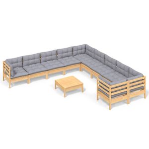 vidaXL Garden Lounge Set Grey Solid pine wood, 100% polyester fabric