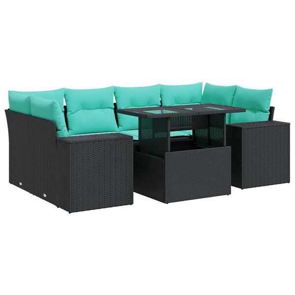vidaXL 7 Piece Patio Sofa Set with Cushions Black Poly Rattan Acacia