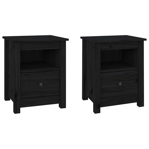 vidaXL Bedside Cabinet Set of 2 Black Solid Pine Wood Medium Storage