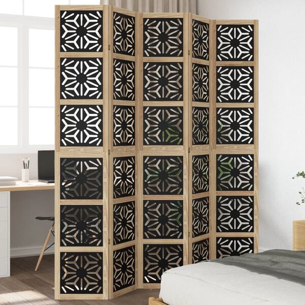 vidaXL Room Divider 5 Panels Brown and Black Solid Wood Paulownia