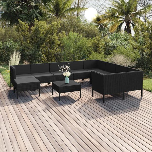vidaXL Garden Lounge Set Black PE Rattan, Powder-Coated Steel, Polyester