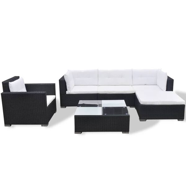 vidaXL Patio Sofa Set Set of 6 Black Rattan, Cream White Cushions