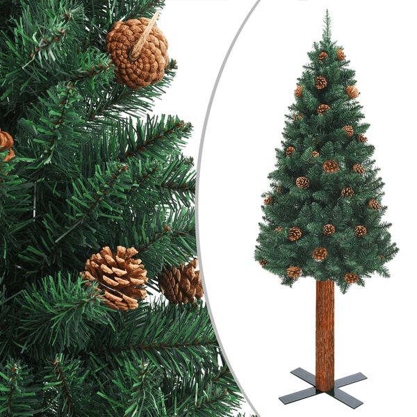 vidaXL Slim Pre-lit Christmas Tree with Real Wood&Cones Green 59.1"