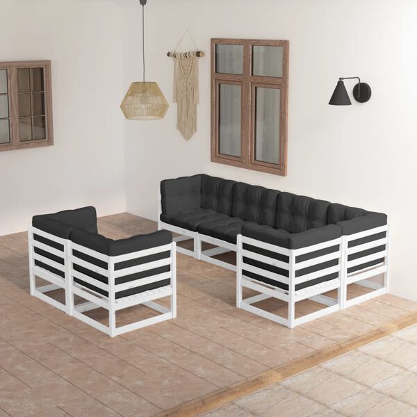 vidaXL Garden Lounge Set White Solid Pine Wood, Fabric (100% Polyester)