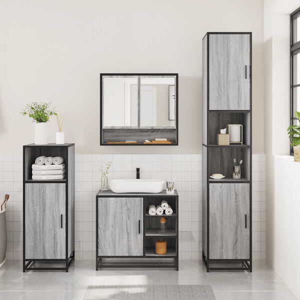 vidaXL Bathroom Furniture Set Grey Sonoma Engineered wood, metal, glass