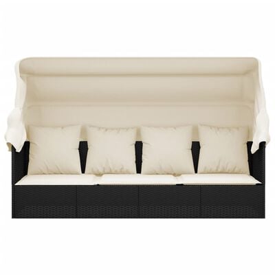 3-seat outdoor sofa with beige cushions and an attached canopy.