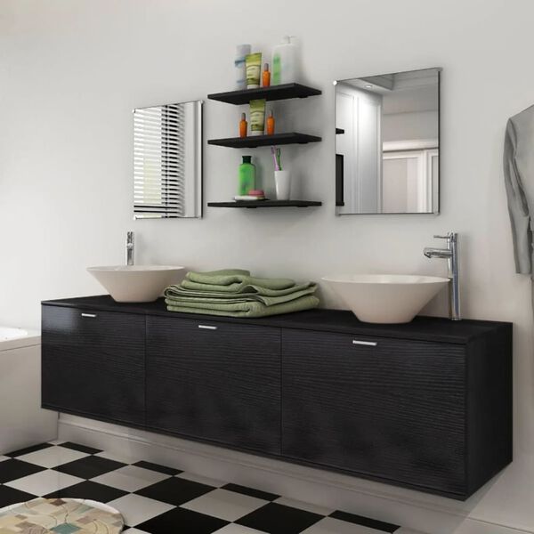 vidaXL Bathroom Cabinet Black, White Engineered wood, Ceramic Large