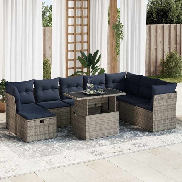 vidaXL 9 Piece Patio Sofa Set with Cushions Gray Poly Rattan Acacia