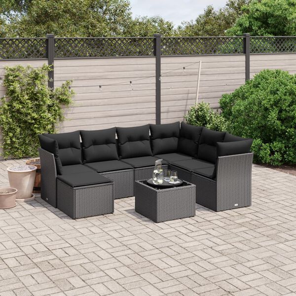 vidaXL Garden Sofa Set Black Poly Rattan and Tempered Glass Large