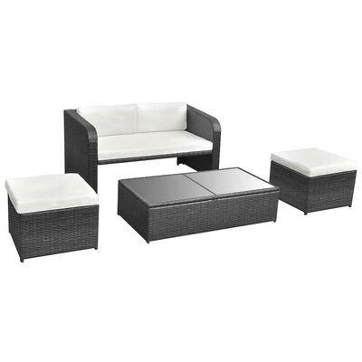 Complete outdoor seating set including sofa, two ottomans, and matching coffee table.