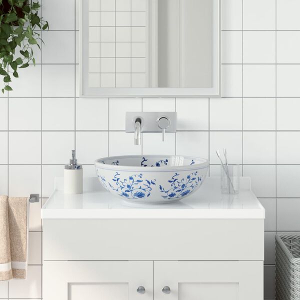 vidaXL Countertop Basin White and Blue Round Φ16.1x5.5" Ceramic