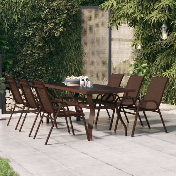 vidaXL Garden Table Brown and Black Powder-Coated Steel, Tempered Glass