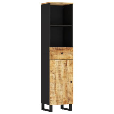 Slim tall cabinet with open shelf, drawers, and a wood front with black body and metal base