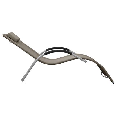 Side view of a beige outdoor lounge chair with curved frame and fabric, showing its curved leg pieces.