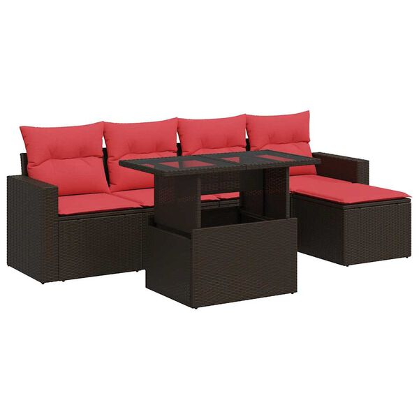 vidaXL 6 Piece Patio Sofa Set with Cushions Brown Poly Rattan Acacia