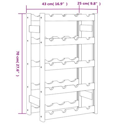 Dimension diagram of the wine rack with measurements in centimeters: height 70 cm, width 43 cm, shelf depth 25 cm.