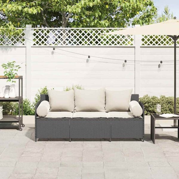 vidaXL Garden Sofa Black PE Rattan, Powder-Coated Steel 3-Seater