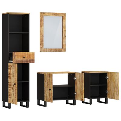 Open and closed storage units: tall cabinet with left door, and two base cabinets with doors in rustic wood finish and black metal legs, plus a wall mirror