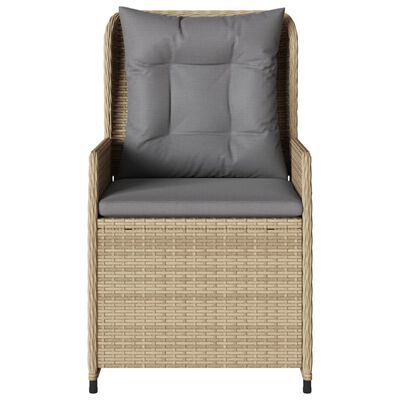 Front view of beige woven armchair with gray back and seat cushions