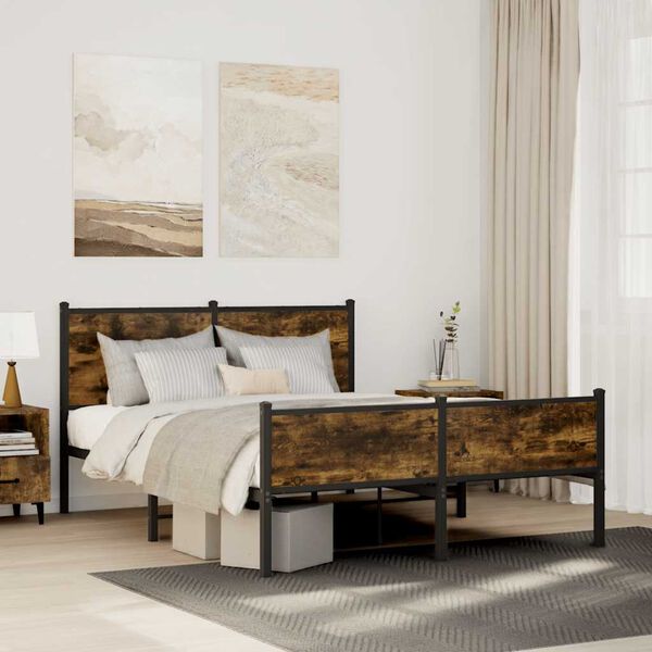 vidaXL Bed Frame Smoked Oak Steel, Engineered Wood Full Bed Frame