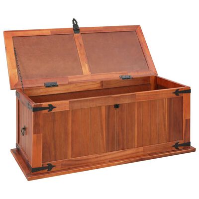 Wooden chest with lid open at angle, showing interior and exterior construction.