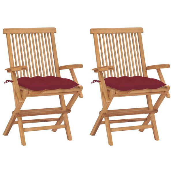 vidaXL Patio Chair Set of 2 Wine Red Cushions Finely Sanded Teak Hardwood