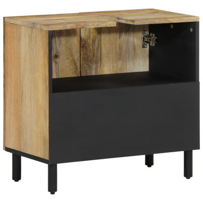 Two-tone cabinet with natural wood upper portion and black lower panel, open top storage