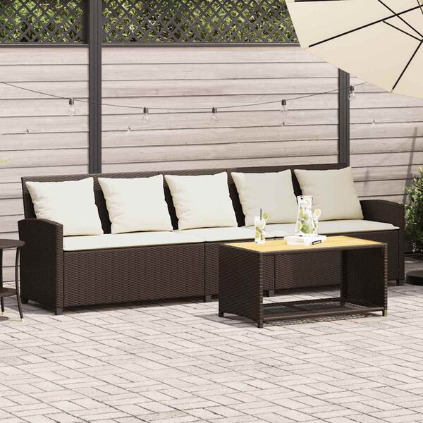 vidaXL Patio Sofa 5-Seater with Cushions Brown Poly Rattan