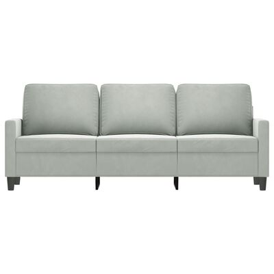 Light gray three-seat sofa from the front with three back cushions and slim black legs, isolated on white background.