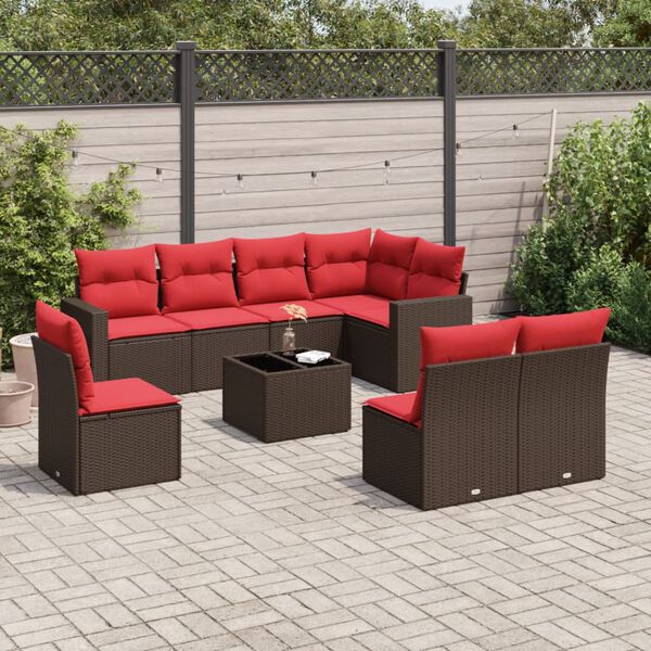 vidaXL 9 Piece Patio Sofa Set with Cushions Brown Poly Rattan