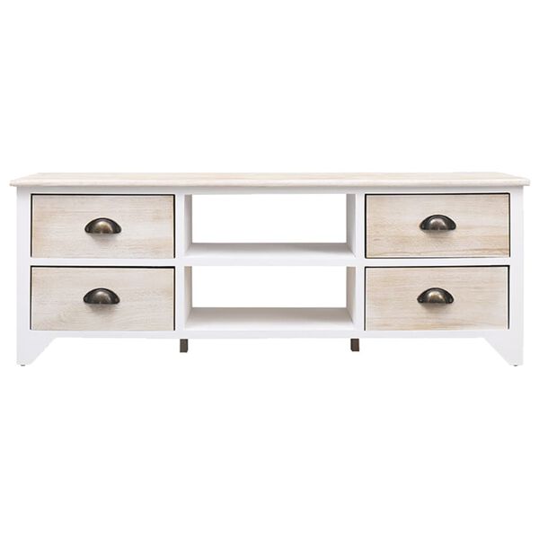 vidaXL TV Cabinet White and Natural Wood Solid Paulownia Wood, MDF Medium
