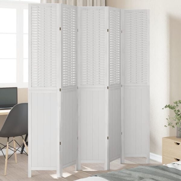 vidaXL Room Divider 5 Panels White Solid Wood Paulownia
