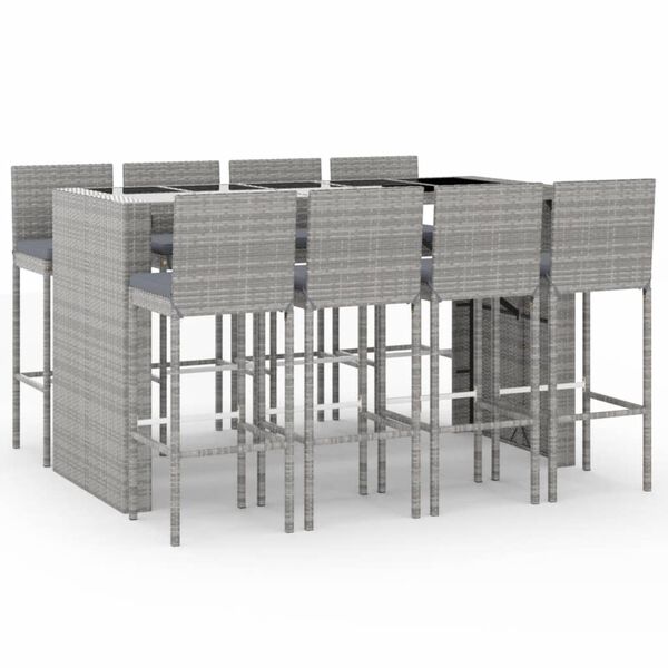 vidaXL 9 Piece Patio Bar Set with Cushions Gray Poly Rattan
