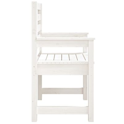White wooden high chair with elevated seat and footrest, side profile view.