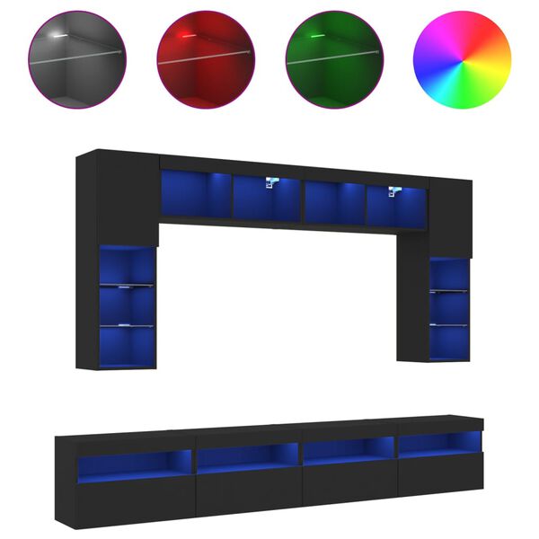 vidaXL 8 Piece TV Wall Stand Set with LED Lights Black