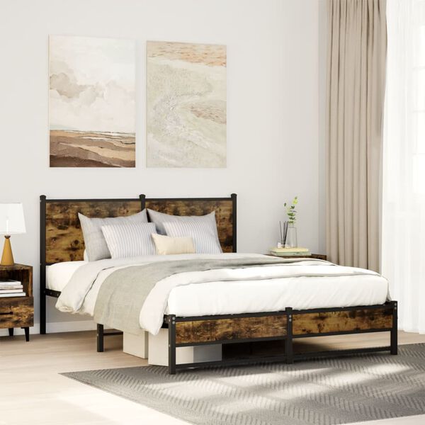 vidaXL Bed Frame Smoked Oak Steel King Bed Frame Rectangular Modern