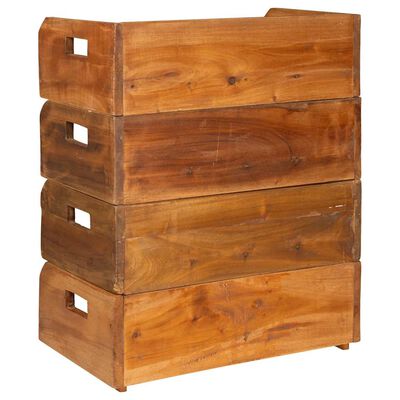 Stack of wooden crates forming a tall storage unit with four sections.