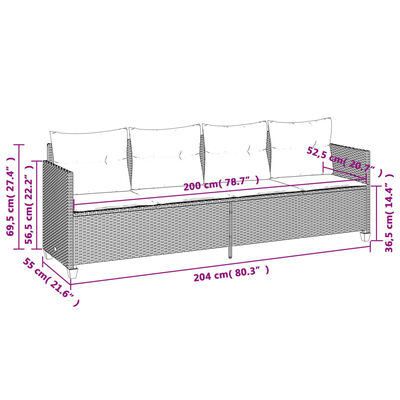 Dimension diagram of outdoor sofa with measurements in centimeters.