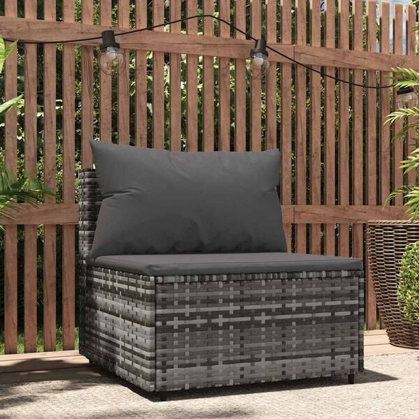 vidaXL Patio Middle Sofa Grey PE rattan, powder-coated steel, fabric