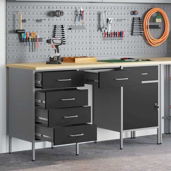 vidaXL Work Cabinet with Drawer with Lock 3 pcs Black 150 x 55 x 85 cm
