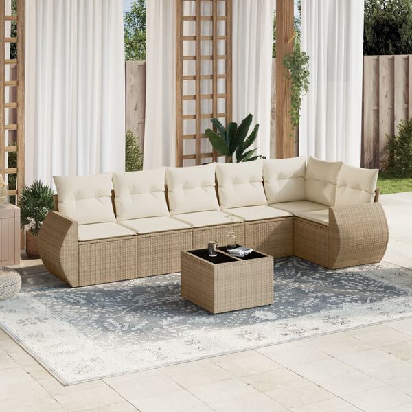 vidaXL Garden Sofa Set Beige Poly Rattan, Tempered Glass, Polyester Large