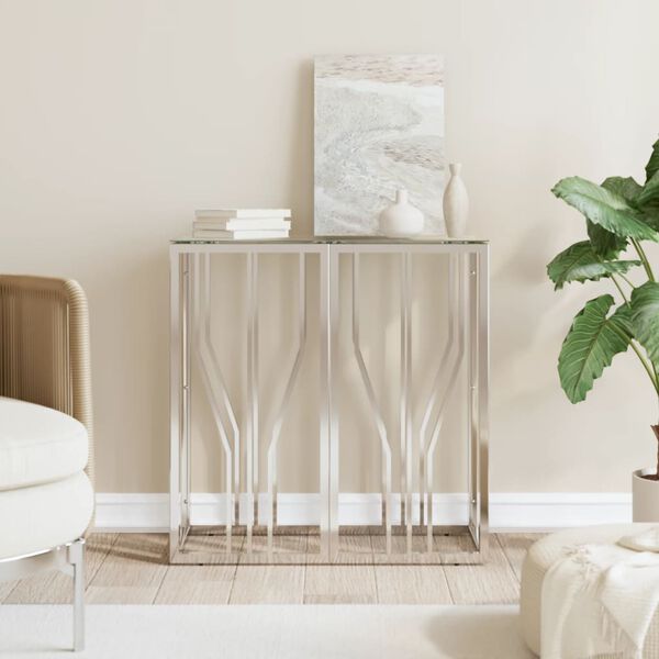 vidaXL Console Table Silver Stainless Steel, Tempered Glass