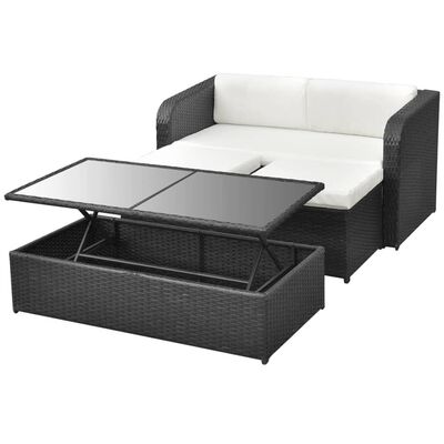 Outdoor sofa set with glass-top coffee table and storage bench/table combo.