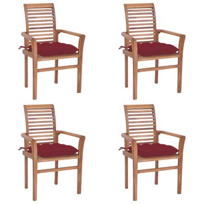 vidaXL Dining Chairs 4 pcs with Wine Red Cushions Solid Teak Wood