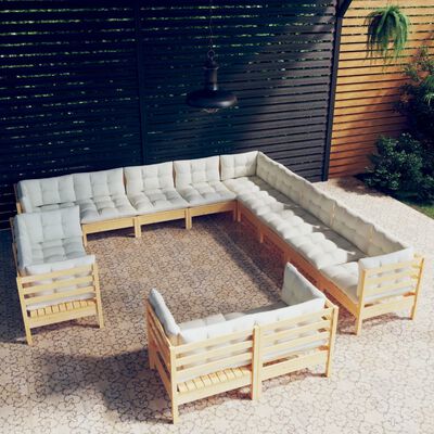 vidaXL 13 Piece Patio Lounge Set with Cream Cushions Solid Pinewood