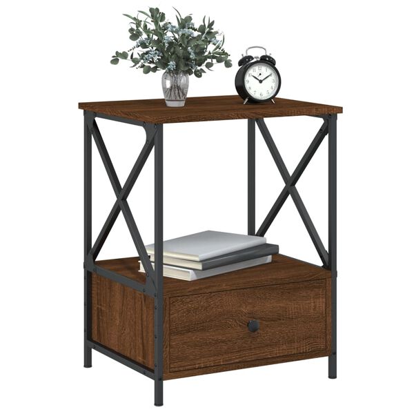 vidaXL Bedside Table Brown Oak Engineered Wood, Iron Medium