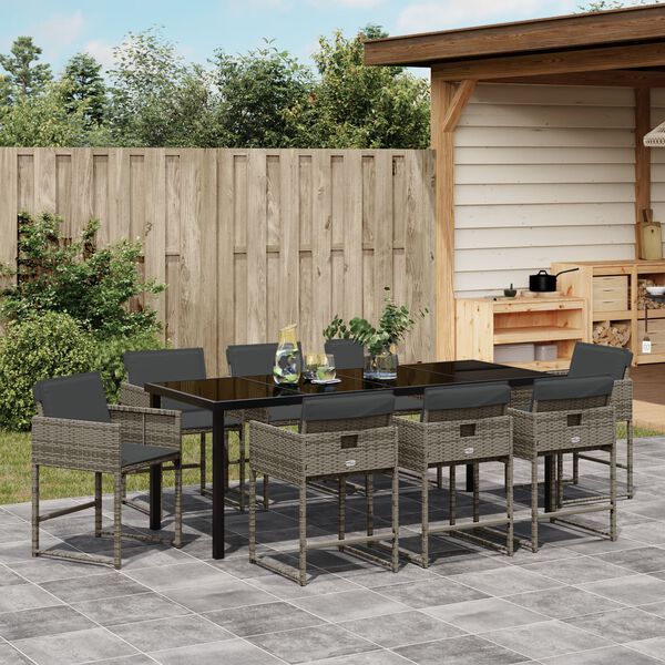 vidaXL Garden Dining Set with Cushion 9 pcs Grey Poly Rattan